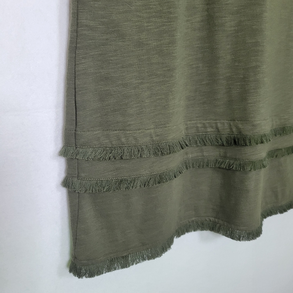 J. Jill Olive Green Slub Knit Short Sleeve Fringe Trim Dress Size Medium Petite - Picture 2 of 8